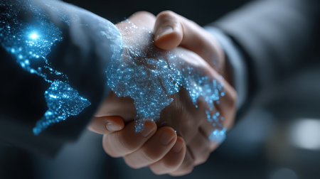 A close-up of two hands shaking, with a digital globe overlay, symbolizing global business partnerships and technological collaboration in the modern world.の素材