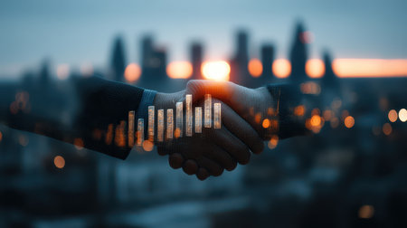 A close-up view of a handshake symbolizes partnership and collaboration against a city skyline. Financial growth charts indicate success in business ventures.の素材