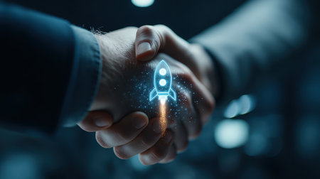 Two hands shaking symbolize a strong partnership in business, enhanced by a digital rocket, representing growth and innovation in the entrepreneurial journey.の素材