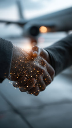 A close-up of a handshake symbolizing partnership and collaboration, enhanced with a digital network overlay, set against an airport backdrop, reflecting global business connections.の素材