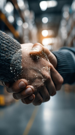 A close-up of two hands shaking, enhanced with a digital network overlay, symbolizing connection and trust in a modern business setting.の素材