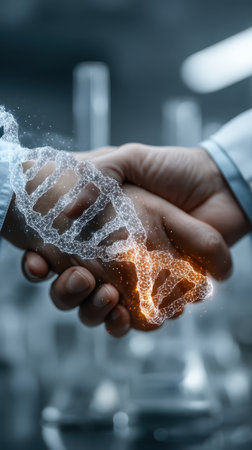 A powerful visual representation of collaboration in modern science featuring a handshake intertwined with a DNA strand, symbolizing partnership and innovation.の素材