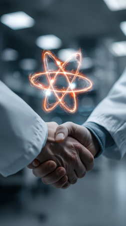 A close-up of two scientists shaking hands in a modern laboratory, symbolizing collaboration and partnership. An energy atom graphic enhances the innovative atmosphere.の素材
