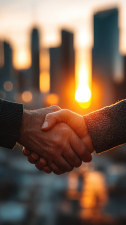 A close-up of two hands shaking during a breathtaking sunset, symbolizing partnership and unity against a stunning city skyline.の素材