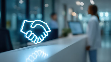 A glowing neon handshake symbol sits prominently in a sleek office reception area, representing partnership and collaboration in a modern business environment.の素材