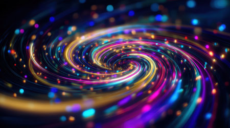 A mesmerizing swirl of colorful lights creates a dynamic sense of motion and energy, perfect for abstract backgrounds or digital designs.の素材