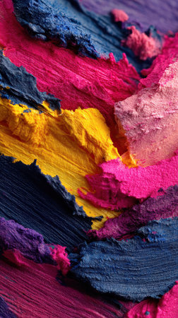 This vibrant abstract artwork showcases bold pink, yellow, and blue paint textures, creating a dynamic and eye-catching visual experience. Perfect for artistic and modern decor.の素材