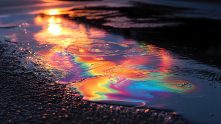 A stunning close-up of a puddle reflecting vibrant colors from the sunset, creating a mesmerizing display of hues and patterns on the water surface.の素材