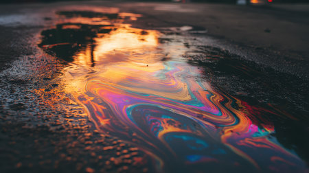 A captivating oil slick reflects stunning colors on a wet street during sunset. This artistic scene captures the mesmerizing beauty of urban landscapes.の素材