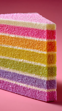 A close-up of colorful layered candy displaying vibrant pink, orange, yellow, green, and purple stripes. Perfect for food photography, festive occasions, and sweet treats.の素材