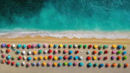 A vibrant aerial view of a sandy beach dotted with colorful umbrellas, set against stunning blue water and gentle waves, offers a serene summer escape.の素材