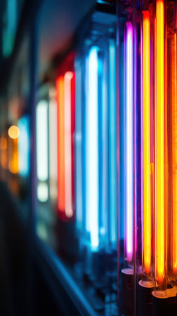 A stunning close-up of colorful neon tubes radiating vibrant light in a modern setting. The bright colors create an energetic atmosphere perfect for creative spaces.の素材