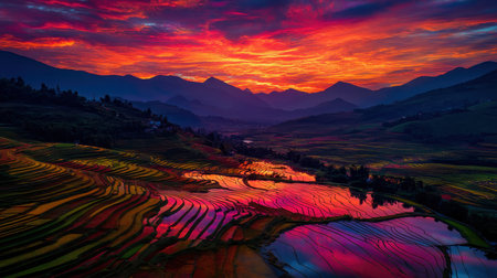 Experience the breathtaking beauty of terraced rice fields at sunset with vibrant colors reflecting on serene water surfaces and majestic mountains in the background.の素材