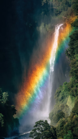 Experience the breathtaking beauty of a majestic waterfall cascading down a rocky cliff, adorned by a vibrant rainbow. The lush green surrounding creates a serene atmosphere in this stunning natural scene.の素材