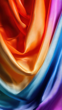 This image showcases a vibrant satin fabric dramatically draped in a colorful gradient, blending orange, pink, and blue tones. Perfect for textile and design themes.の素材