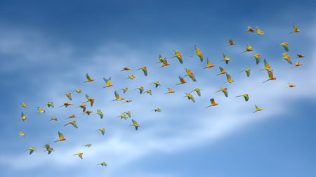 A stunning scene of a vibrant flock of colorful birds soaring through a bright blue sky, showcasing nature's beauty and harmony with a serene backdrop of fluffy clouds.の素材