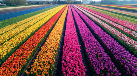 A stunning aerial view showcasing a vibrant field of tulips in various colors, stretching in neat rows under a clear blue sky, symbolizing spring's beauty.の素材