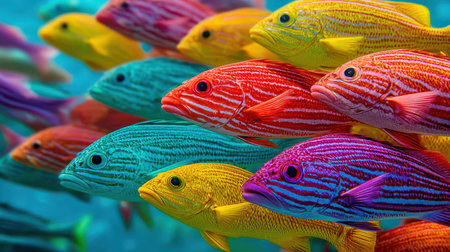 A stunning underwater scene featuring a school of colorful striped fish swimming gracefully. The vibrant hues showcase the beauty of marine life in a serene ocean environment.の素材