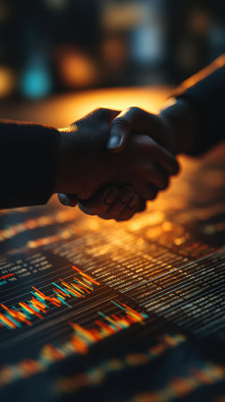 Two hands engage in a firm handshake, symbolizing business partnership and collaboration. A colorful data analysis background highlights finance and success.の素材