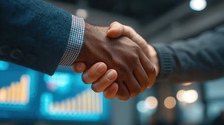 Two professionals sealing an agreement with a handshake in a modern office setting, symbolizing trust and collaboration in business.の素材