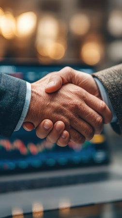Close-up of two businessmen shaking hands, symbolizing agreement and partnership. Financial charts in the background highlight the corporate environment and success.の素材