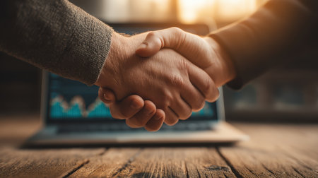 A close-up of two hands shaking, symbolizing partnership and collaboration, in front of a laptop displaying market data, conveying trust and professionalism.の素材