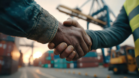A close-up view of two workers shaking hands at a bustling shipping port, symbolizing teamwork and partnership in the logistics and maritime industry.の素材