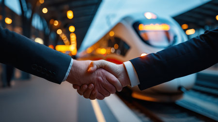 Two business professionals engage in a handshake at a bustling train station during evening hours, symbolizing partnership and trust in a modern urban setting.の素材