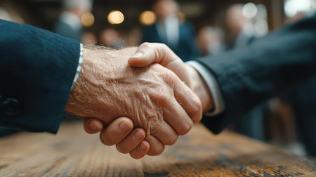 A close-up view capturing the moment of a handshake between business professionals, symbolizing a strong partnership and mutual agreement in a modern office ambiance.の素材