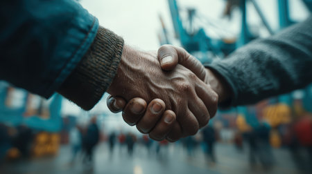 Two hands firmly shake in agreement against an industrial backdrop, symbolizing partnership and collaboration in a business setting. The atmosphere conveys teamwork and professionalism.の素材