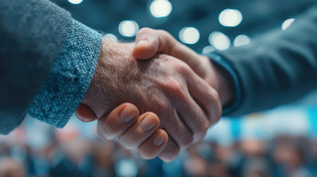 This image captures a close-up of two hands shaking in a modern conference setting, symbolizing partnership and collaboration in a professional environment.の素材