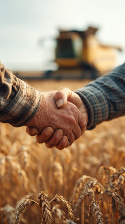 Two farmers shake hands in a golden wheat field, symbolizing cooperation and trust in agriculture, with a harvester working in the background under a clear sky.の素材
