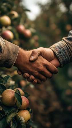 Two hands shake firmly in an apple orchard, symbolizing cooperation during the harvest season. The setting reflects teamwork and connection in agriculture.の素材