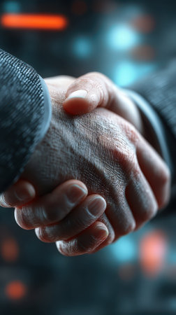 This close-up image captures a powerful handshake symbolizing a successful business agreement, reflecting trust, collaboration, and professional unity in a corporate environment.の素材