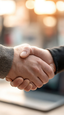 Captured in soft natural light, this close-up image showcases a timely handshake between two individuals, symbolizing trust and collaboration in a professional setting.の素材