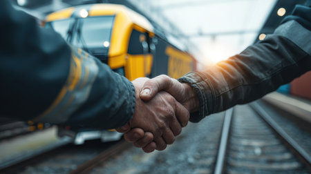 Two hands shake firmly, symbolizing agreement and cooperation, with a train in the background, representing trust and partnership in an industrial setting.の素材