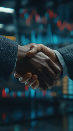 A close-up image of two hands shaking in a business setting, symbolizing agreement and cooperation. Captured in a modern corporate environment showcasing a financial background.の素材