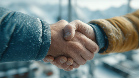 Close-up of two hands shaking in a snow-covered outdoor setting, symbolizing trust and partnership, showcasing the beauty of teamwork in a frosty environment.の素材