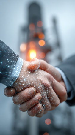 Two hands shaking symbolizing partnership and agreement, enhanced with a digital network effect against a blurred industrial backdrop, representing modern business connections.の素材