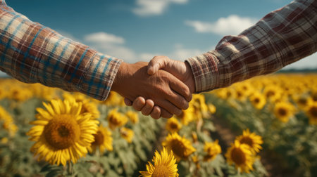A close-up of two hands shaking amidst a vibrant sunflower field, representing partnership and growth in nature. Perfect for themes of cooperation and unity.の素材