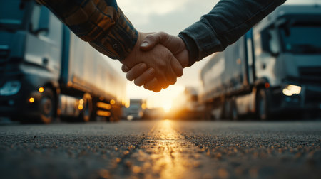 A close-up of two hands shaking in front of trucks at sunset, symbolizing partnership. The scene captures a moment of agreement and teamwork in the transportation industry.の素材