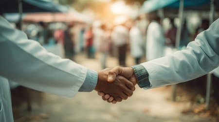 Two healthcare professionals in white coats shake hands, symbolizing collaboration at an outdoor medical event, fostering community health and patient care.の素材