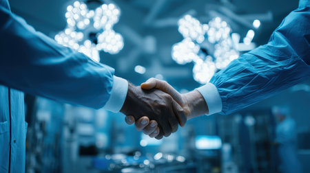 Two medical professionals engage in a handshake, signifying trust and collaboration in a modern hospital setting, representing teamwork and commitment to patient care.の素材