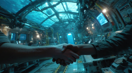 Two astronauts engage in a handshake inside a high-tech space station, symbolizing collaboration and unity in exploration and technology.の素材