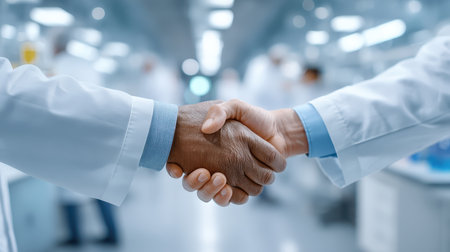 Close-up of a handshake between two medical professionals in a bright laboratory, symbolizing teamwork and collaboration in a healthcare setting.の素材