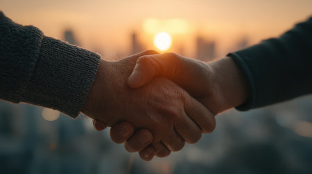 Two hands shake firmly, symbolizing partnership and collaboration during a beautiful sunset, set against an urban skyline, highlighting unity and trust.の素材