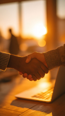 A warm handshake captured at sunset in an inviting office environment, symbolizing partnership and collaboration in a professional setting.の素材
