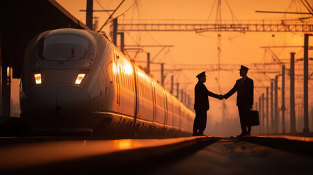 Two train conductors shake hands on a platform during a beautiful sunset, symbolizing teamwork and professionalism in the railway industry.の素材