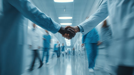 Two medical professionals shake hands in a busy hospital corridor, symbolizing teamwork in healthcare. The blurred motion highlights a dynamic environment filled with dedicated staff.の素材