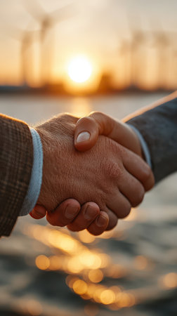 Two hands engage in a firm handshake at sunset, with wind turbines in the background, symbolizing partnership and commitment to renewable energy and collaboration.の素材